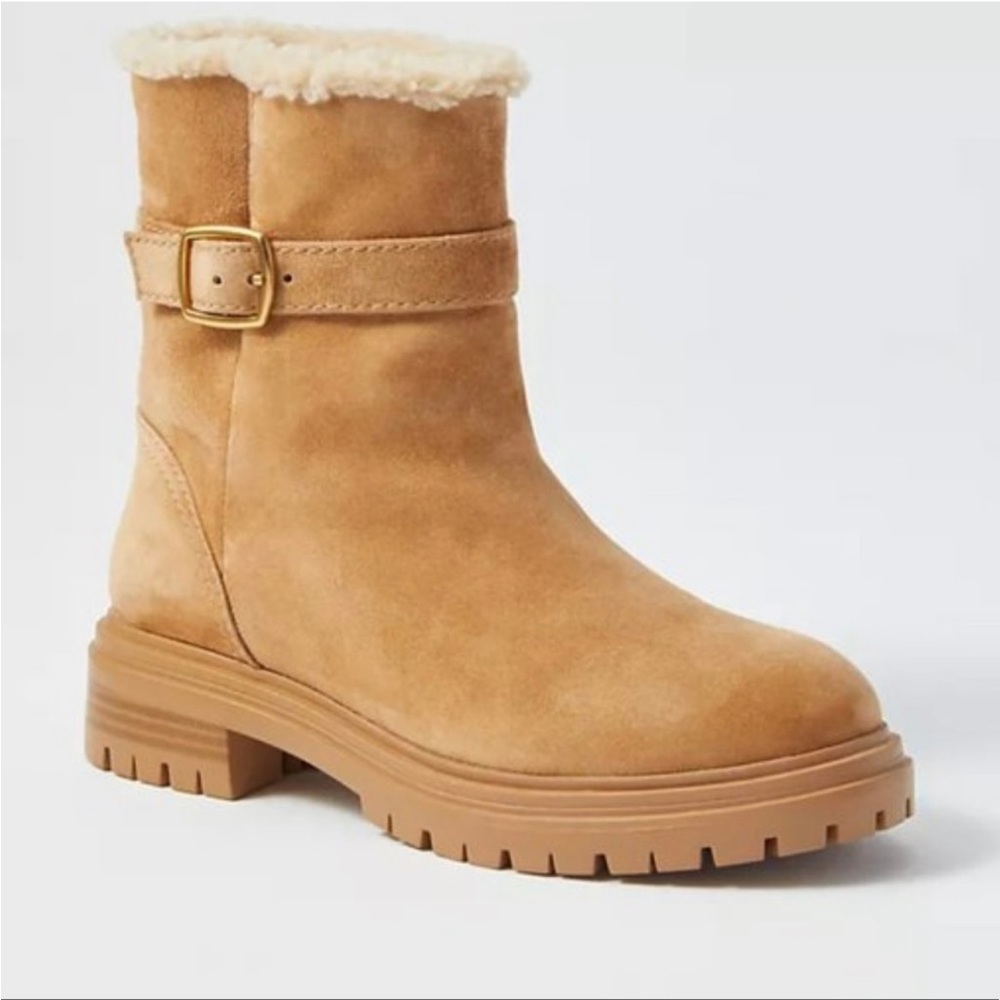 Ann Taylor Buckle Suede Sherpa Missy Boots with box
